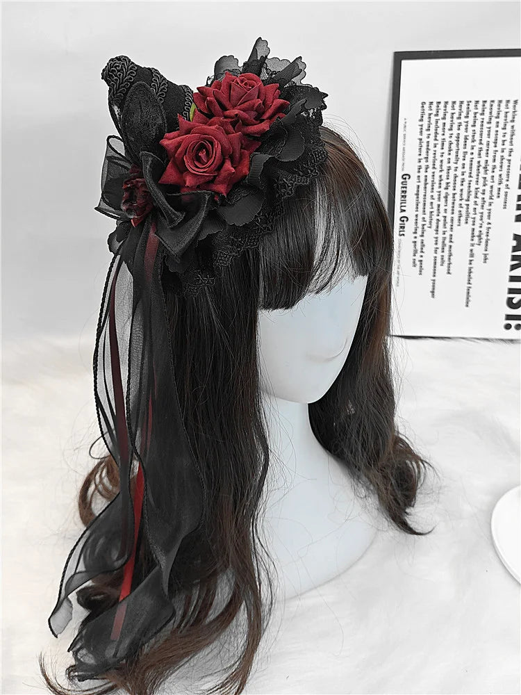 Lolita Hair Accessories Gothic Mini Hat Decor Handmade Black Red Rose Fringed Ribbon Accessories