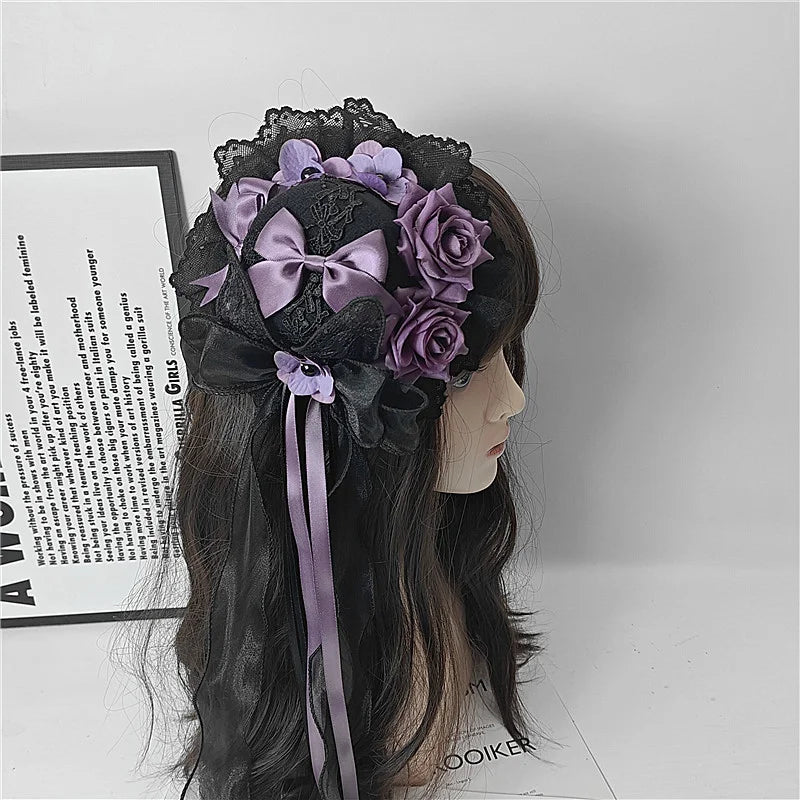 Lolita Hair Accessories Gothic Mini Hat Decor Handmade Blue Pink Purple Fringed Ribbon Accessories