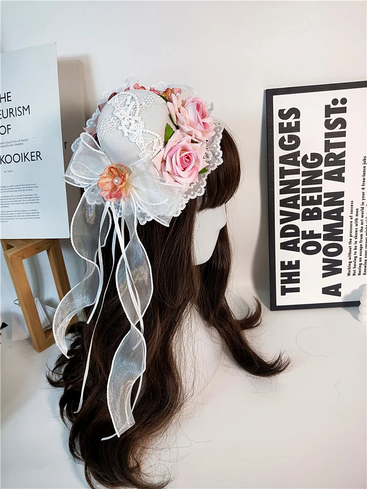 Lolita Hair Accessories Gothic Mini Hat Decor Handmade Blue Pink Purple Fringed Ribbon Accessories