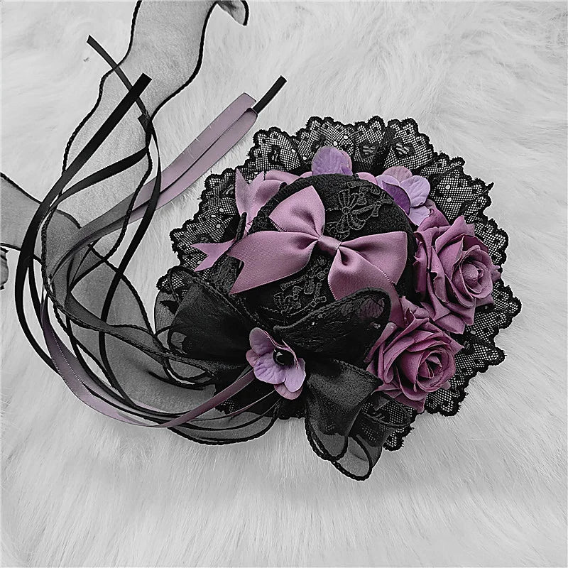 Lolita Hair Accessories Gothic Mini Hat Decor Handmade Blue Pink Purple Fringed Ribbon Accessories