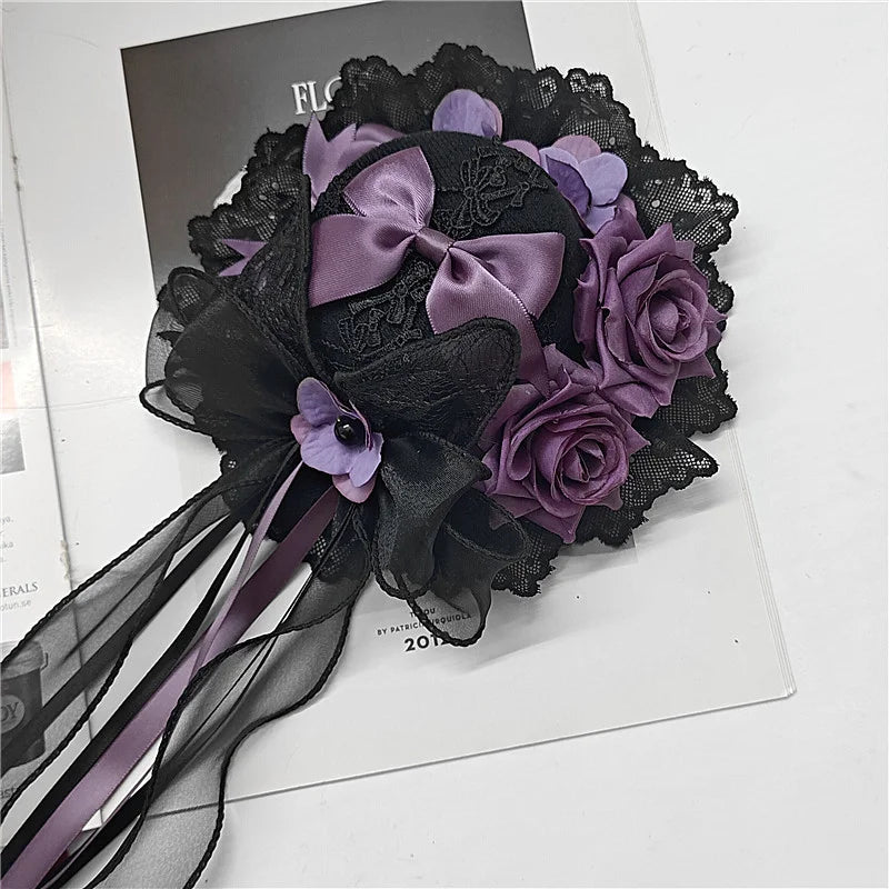 Lolita Hair Accessories Gothic Mini Hat Decor Handmade Blue Pink Purple Fringed Ribbon Accessories