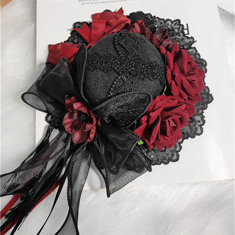 Lolita Hair Accessories Gothic Mini Hat Decor Handmade Dark Rose Fringed Ribbon Accessories