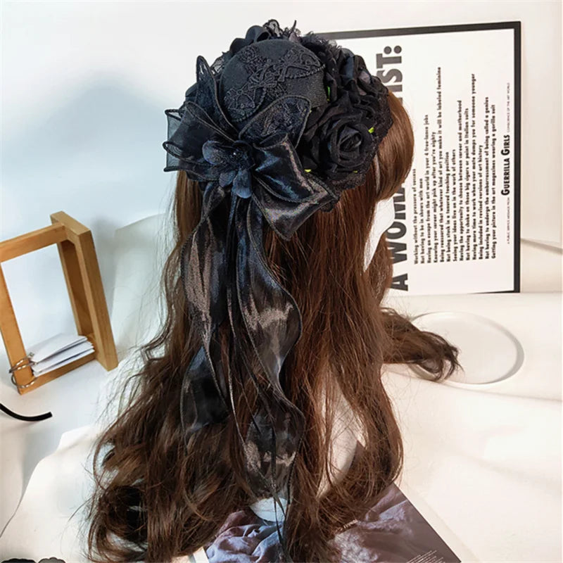Lolita Hair Accessories Gothic Mini Hat Decor Handmade Dark Rose Fringed Ribbon Accessories