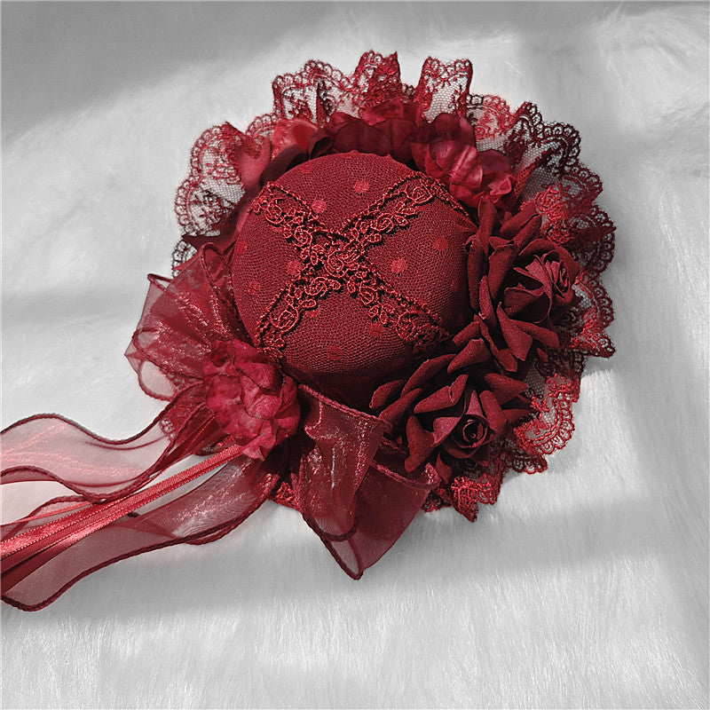 Lolita Hair Accessories Gothic Mini Hat Decor Handmade Dark Rose Fringed Ribbon Accessories