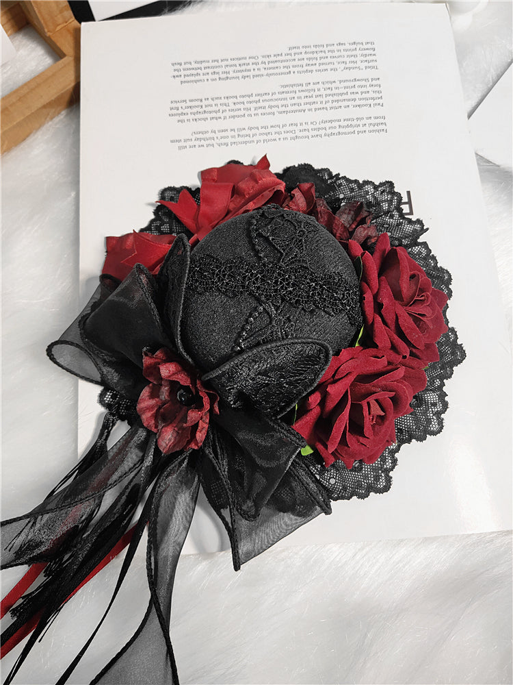 Lolita Hair Accessories Gothic Mini Hat Decor Handmade Dark Rose Fringed Ribbon Accessories