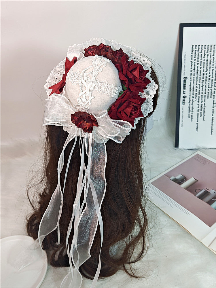 Lolita Hair Accessories Gothic Mini Hat Decor Handmade Dark Rose Fringed Ribbon Accessories