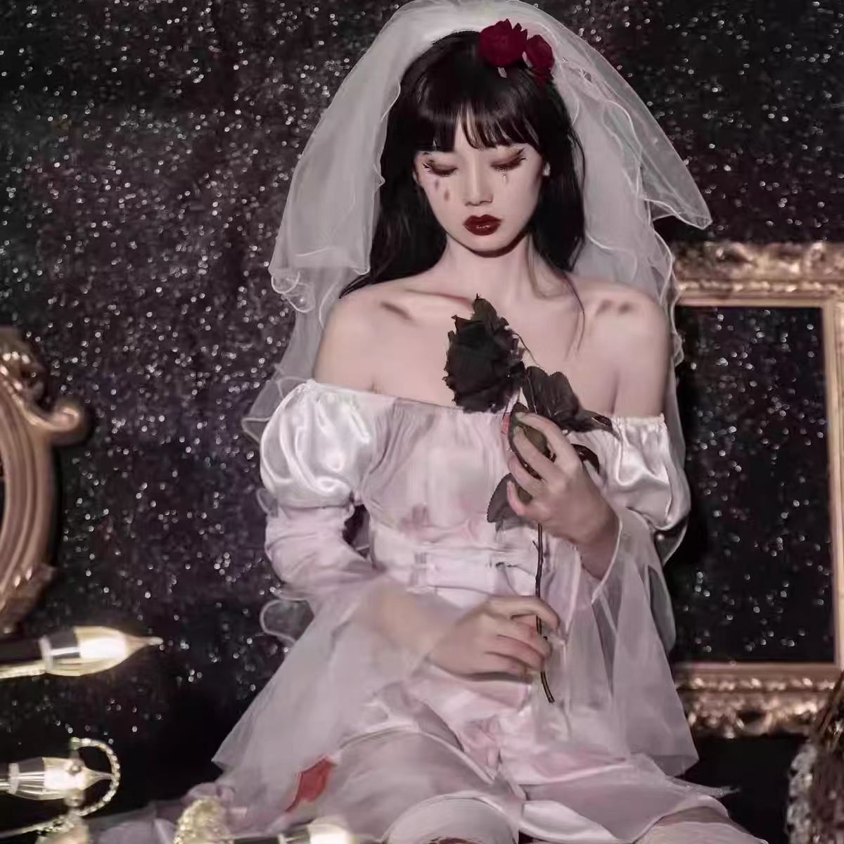 Gothic Lolita Halloween Horror  Costume for Women Sexy Vampire Witch Bride Cosplay Dress