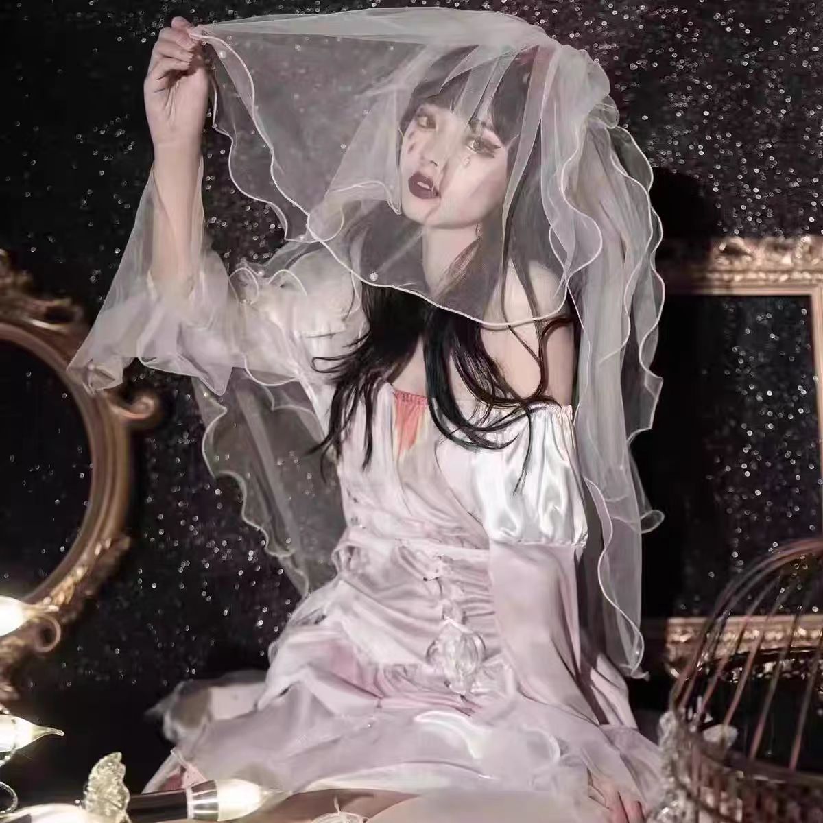 Gothic Lolita Halloween Horror  Costume for Women Sexy Vampire Witch Bride Cosplay Dress