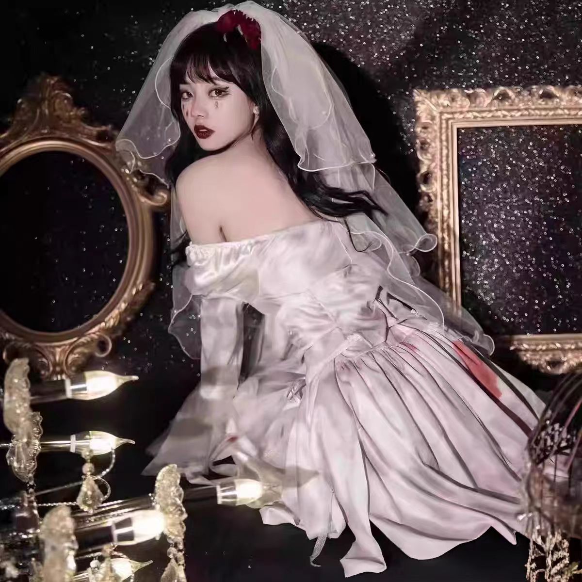 Gothic Lolita Halloween Horror  Costume for Women Sexy Vampire Witch Bride Cosplay Dress