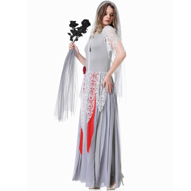 The Gothic Lolita Vampire Ghost Bride Costume blends dark elegance with haunting allure. Featuring flowing layers, gothic lace, and eerie vampire-inspired accents, this dress captures the mysterious charm of a ghost bride. Perfect for Halloween parties, cosplay events, or stage performances, it creates a dramatic and unforgettable look that balances gothic sophistication with spooky fantasy.