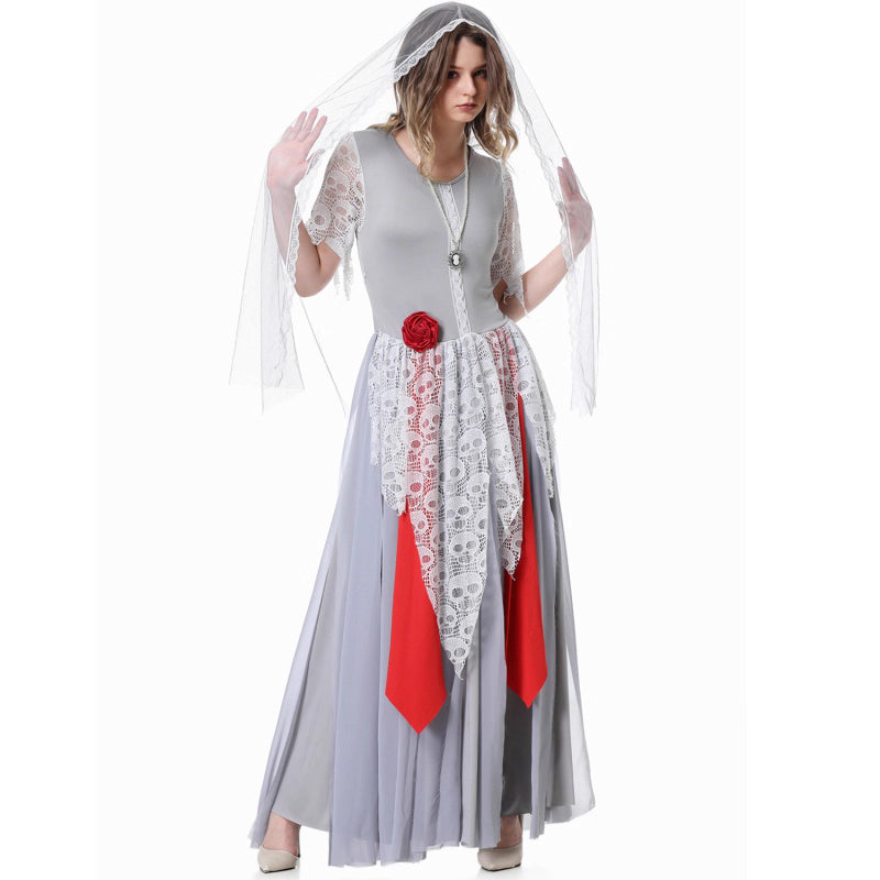 The Gothic Lolita Vampire Ghost Bride Costume blends dark elegance with haunting allure. Featuring flowing layers, gothic lace, and eerie vampire-inspired accents, this dress captures the mysterious charm of a ghost bride. Perfect for Halloween parties, cosplay events, or stage performances, it creates a dramatic and unforgettable look that balances gothic sophistication with spooky fantasy.