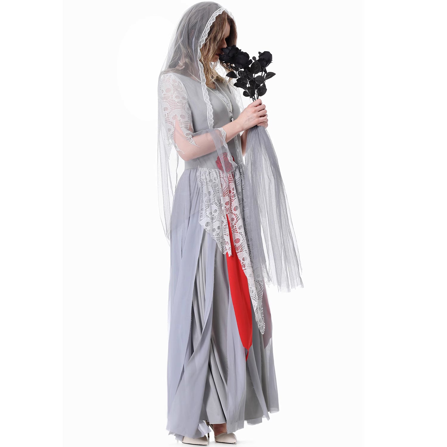 The Gothic Lolita Vampire Ghost Bride Costume blends dark elegance with haunting allure. Featuring flowing layers, gothic lace, and eerie vampire-inspired accents, this dress captures the mysterious charm of a ghost bride. Perfect for Halloween parties, cosplay events, or stage performances, it creates a dramatic and unforgettable look that balances gothic sophistication with spooky fantasy.