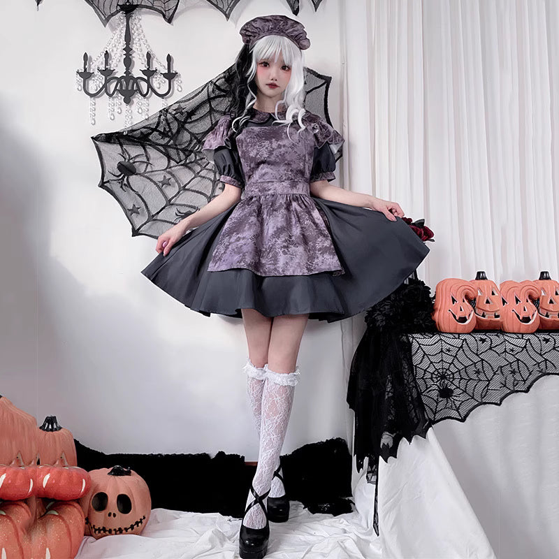 Unleash your inner darkness with this mesmerizing purple vampire maid dress. This gown masterfully blends Gothic Lolita elegance with haunting Halloween aesthetics, featuring a bewitching purple hue that embodies mystical allure. The design incorporates witch-inspired elements with doll-like details, creating a terrifyingly beautiful silhouette perfect for Halloween parties or cosplay events. Delicate lace accents and dramatic tailoring enhance the vampire maid fantasy, making you the center of attention at