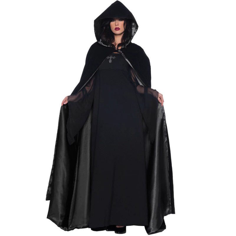 Gothic Lolita Halloween Witch Queen Cloak Costume for Women Vampire Sorceress Stage Dress