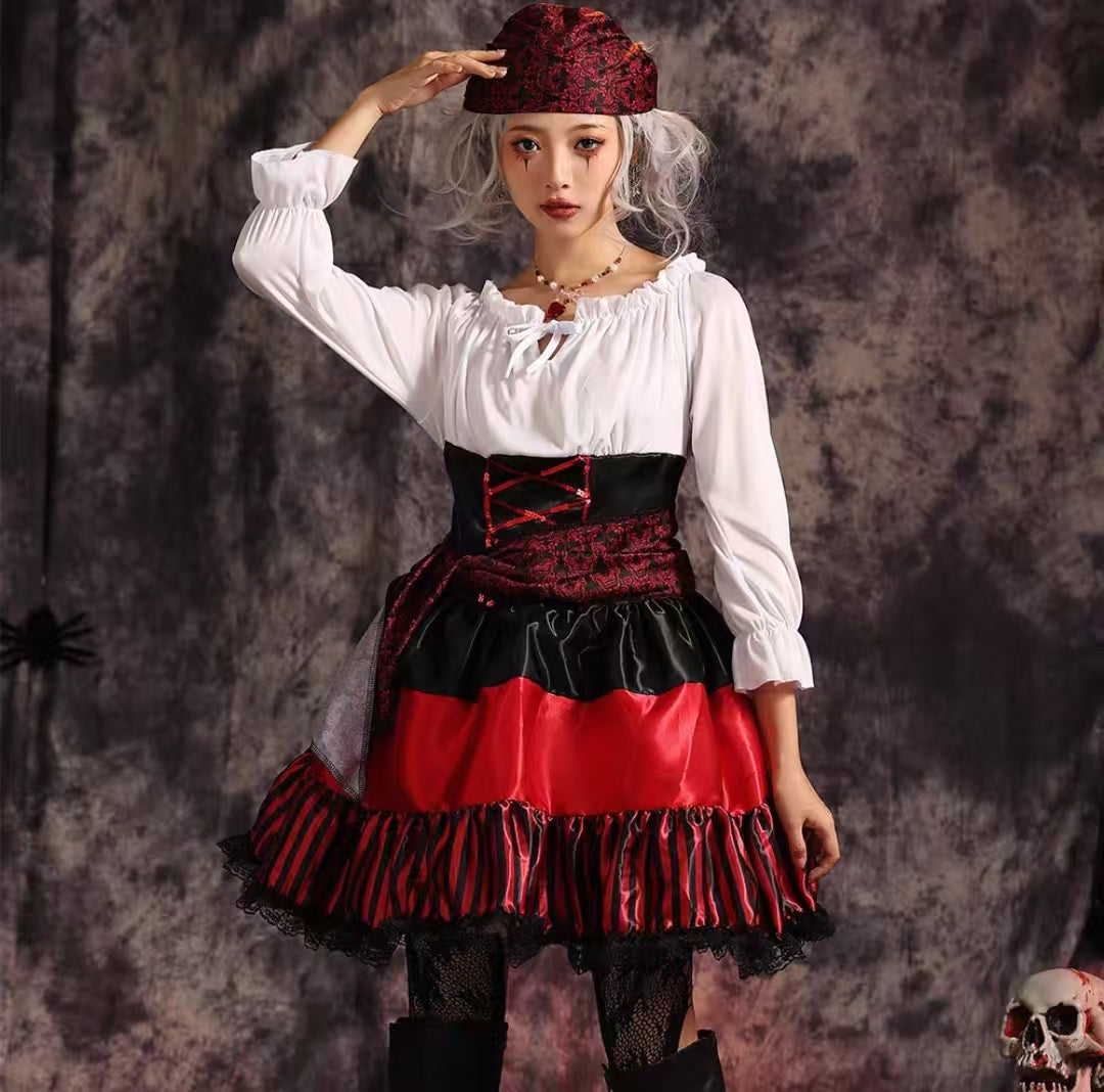 Gothic Lolita Pirate Red Costume Set for Women Halloween Caribbean Sea Cosplay Outfit