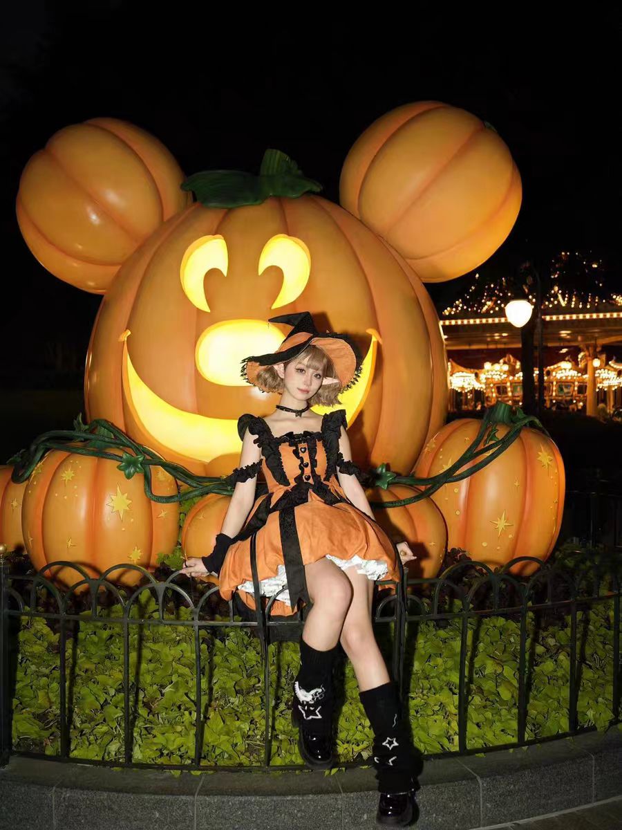 Gothic Lolita Pumpkin Witch JSK Dress Orange Princess Halloween Cosplay Outfit