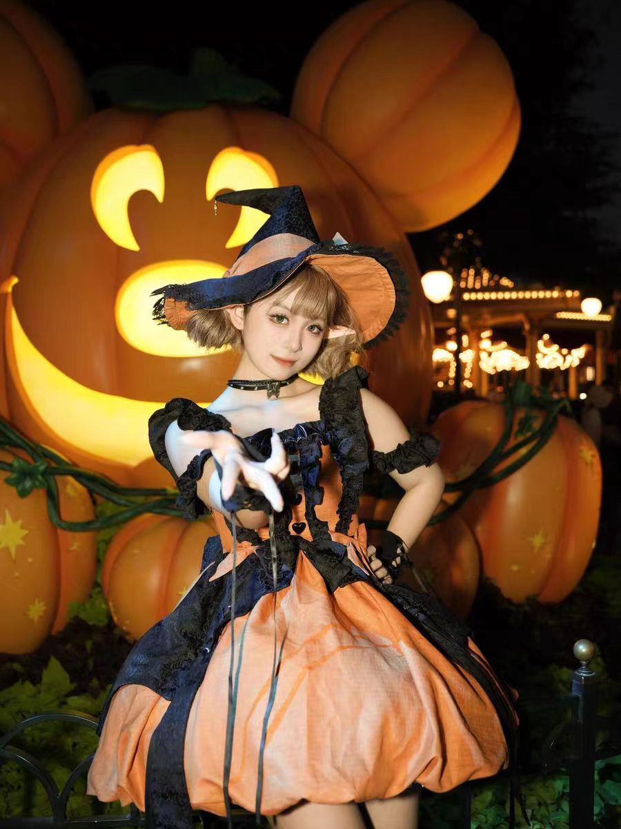 Gothic Lolita Pumpkin Witch JSK Dress Orange Princess Halloween Cosplay Outfit
