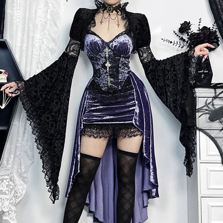 The Gothic Purple Velvet Corset Dress Set is designed to embody dramatic elegance and dark romance. The rich velvet fabric paired with a structured corset enhances a graceful silhouette, while the high-low hemline adds a modern, flowing touch. Delicate lace trim and the matching black lace bolero create layers of sophistication and mystery. Perfect for gothic events, evening gatherings, or stage performances, this set captures the allure of vintage refinement with a bold, enchanting spirit.