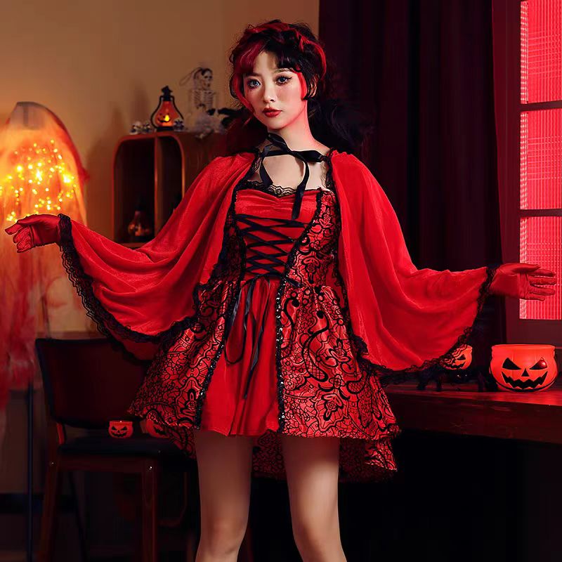 Gothic Lolita Red Riding Hood Costume for Women Halloween Fairy Tale Queen Cosplay Dress