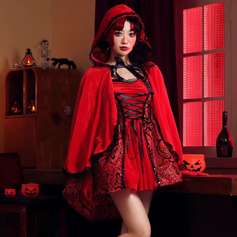 Gothic Lolita Red Riding Hood Costume for Women Halloween Fairy Tale Queen Cosplay Dress