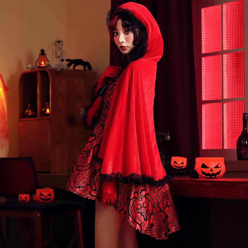 Gothic Lolita Red Riding Hood Costume for Women Halloween Fairy Tale Queen Cosplay Dress