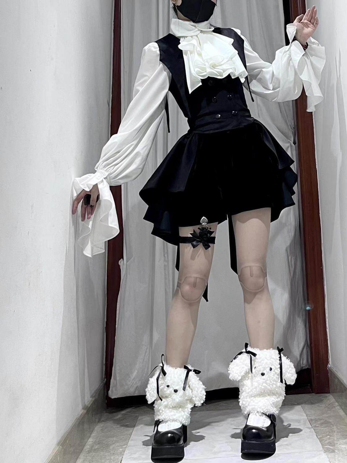Gothic Lolita Set Black White Ruffled Blouse with Vest Layer Short Elegant Skirt