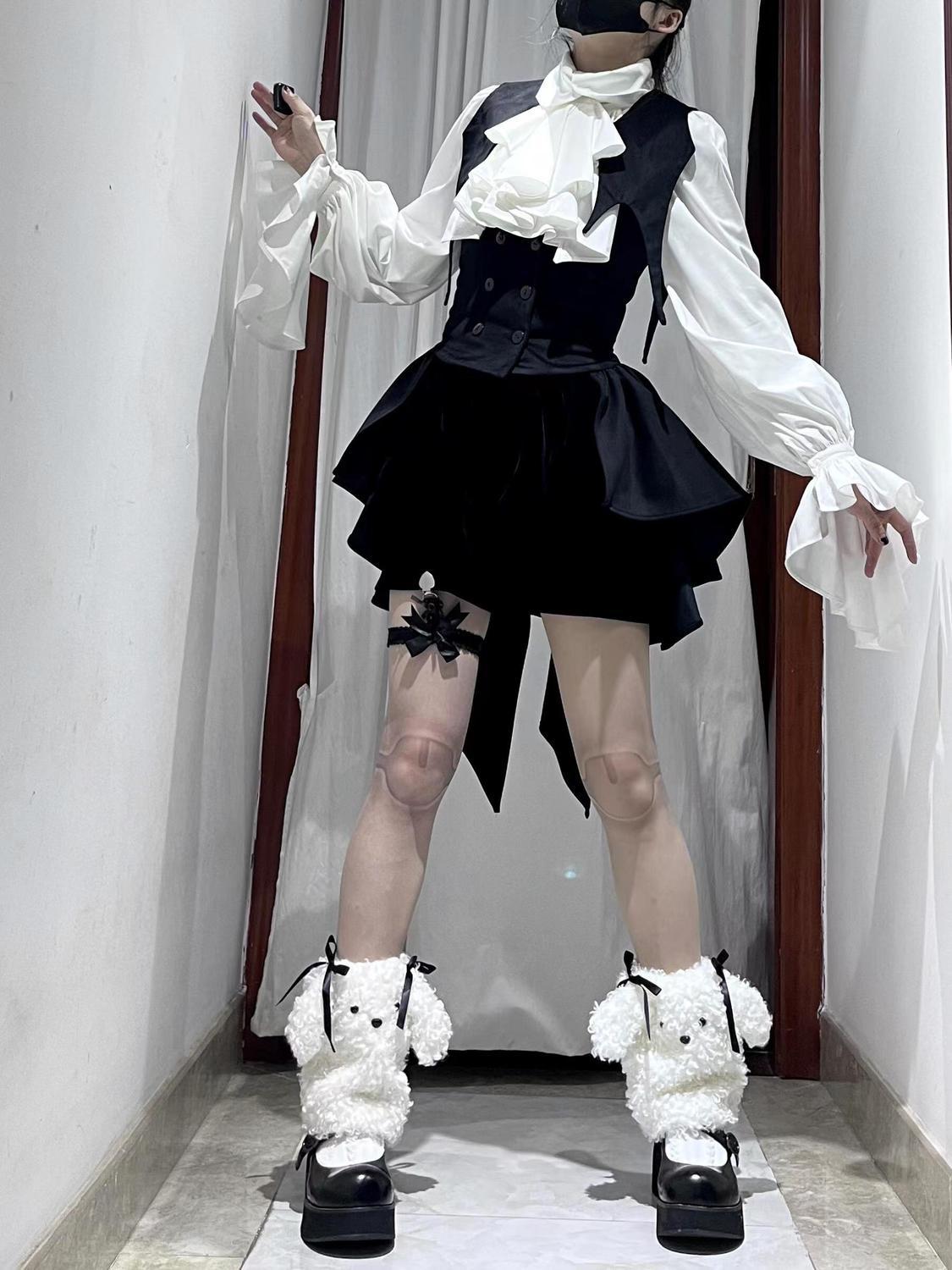 Gothic Lolita Set Black White Ruffled Blouse with Vest Layer Short Elegant Skirt