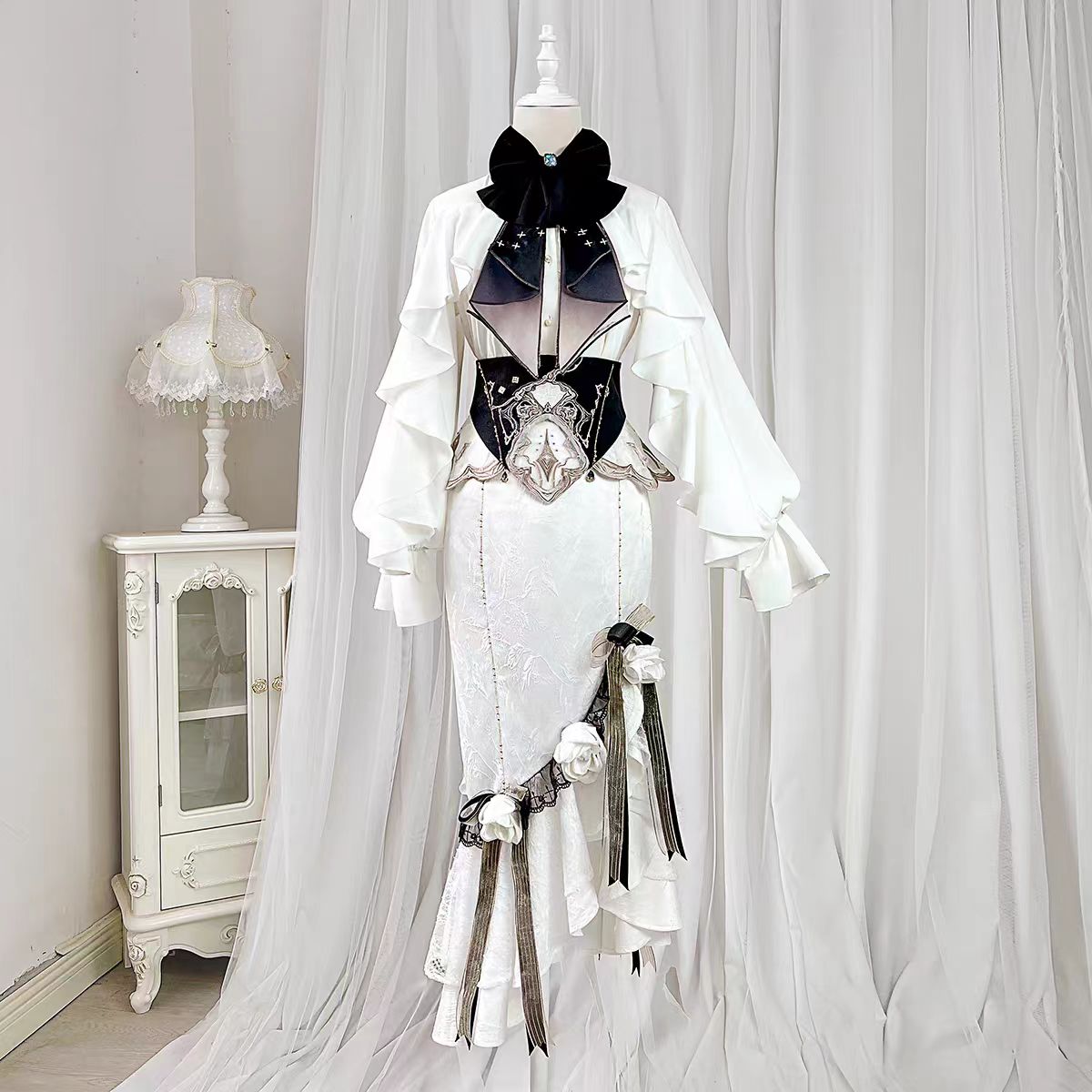 Gothic Lolita Star Gate White Opulent Gown Mermaid Tail Dress Victorian Court Elegant Corset Set