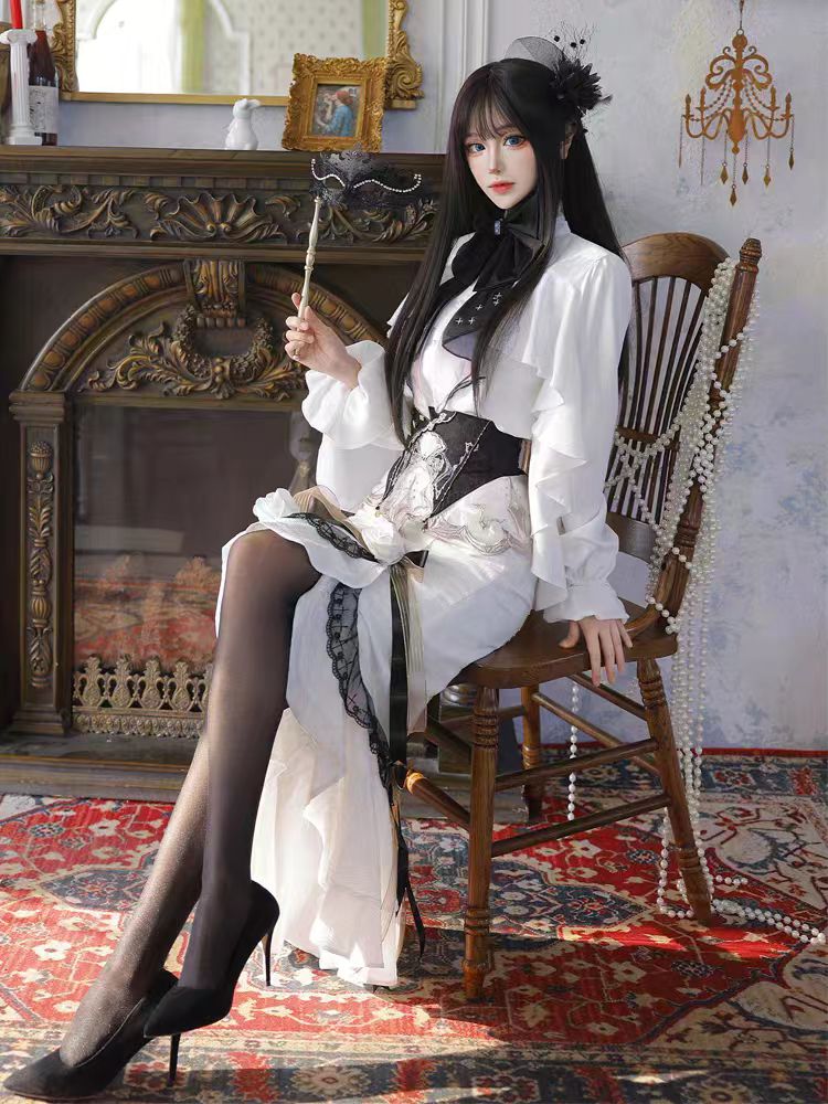 Gothic Lolita Star Gate White Opulent Gown Mermaid Tail Dress Victorian Court Elegant Corset Set