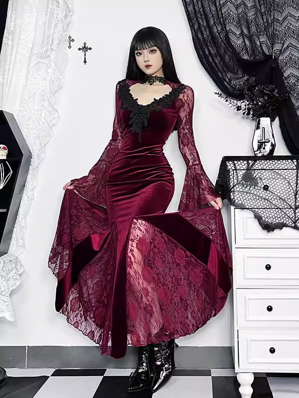 Embrace the night in this captivating vampire-inspired mermaid gown. This dress merges dark Gothic elegance with sensual sophistication, featuring a striking blood-red color scheme and intricate lace paneling. The figure-hugging mermaid silhouette accentuates your curves while the dramatic train adds royal vampiric grandeur. Perfect for Halloween parties, cosplay events, or romantic Gothic gatherings, this dress combines luxury craftsmanship with fantasy allure. Delicate lace details and a daring neckline c