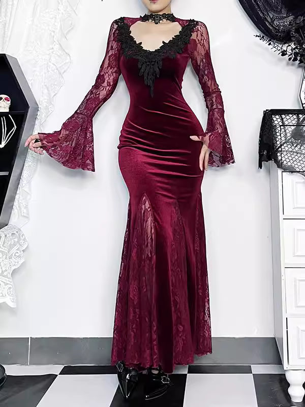 Embrace the night in this captivating vampire-inspired mermaid gown. This dress merges dark Gothic elegance with sensual sophistication, featuring a striking blood-red color scheme and intricate lace paneling. The figure-hugging mermaid silhouette accentuates your curves while the dramatic train adds royal vampiric grandeur. Perfect for Halloween parties, cosplay events, or romantic Gothic gatherings, this dress combines luxury craftsmanship with fantasy allure. Delicate lace details and a daring neckline c