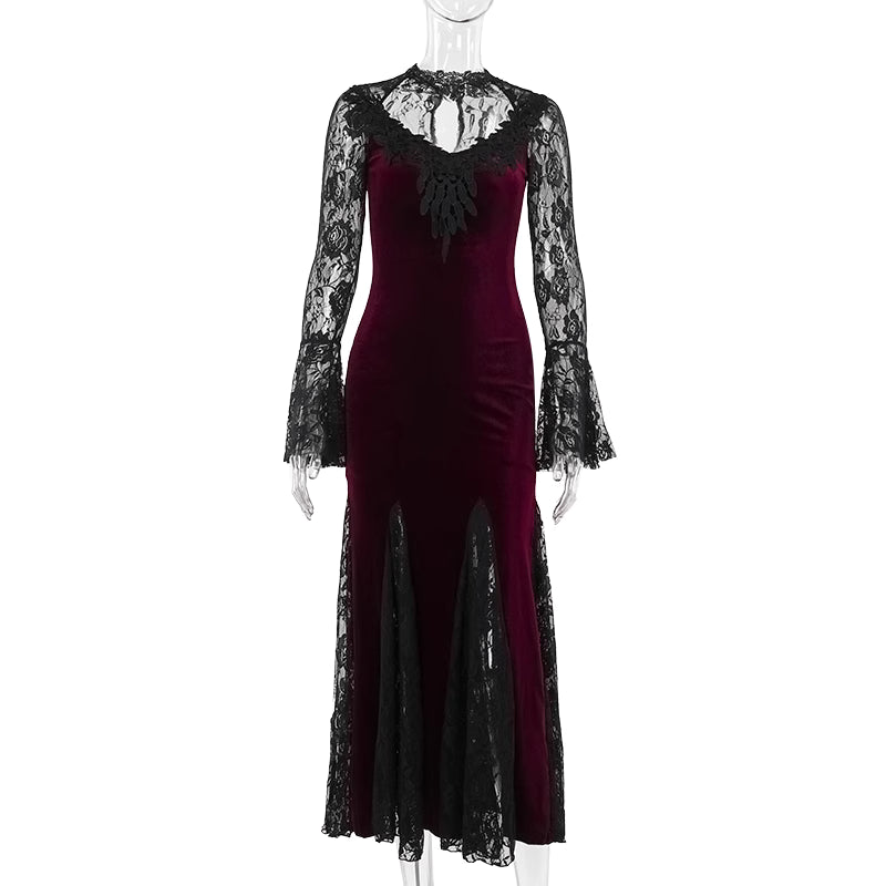 Embrace the night in this captivating vampire-inspired mermaid gown. This dress merges dark Gothic elegance with sensual sophistication, featuring a striking blood-red color scheme and intricate lace paneling. The figure-hugging mermaid silhouette accentuates your curves while the dramatic train adds royal vampiric grandeur. Perfect for Halloween parties, cosplay events, or romantic Gothic gatherings, this dress combines luxury craftsmanship with fantasy allure. Delicate lace details and a daring neckline c