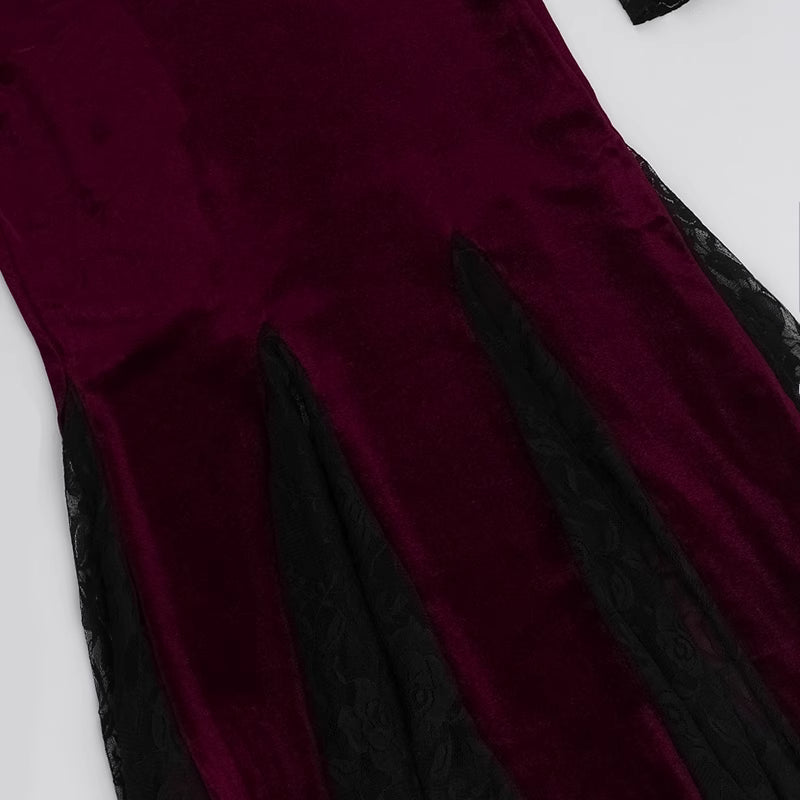 Embrace the night in this captivating vampire-inspired mermaid gown. This dress merges dark Gothic elegance with sensual sophistication, featuring a striking blood-red color scheme and intricate lace paneling. The figure-hugging mermaid silhouette accentuates your curves while the dramatic train adds royal vampiric grandeur. Perfect for Halloween parties, cosplay events, or romantic Gothic gatherings, this dress combines luxury craftsmanship with fantasy allure. Delicate lace details and a daring neckline c