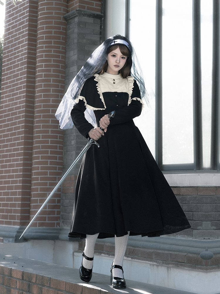 Gothic Nun Style Black Long-sleeved Dress Elegant Lolita Dress Autumn