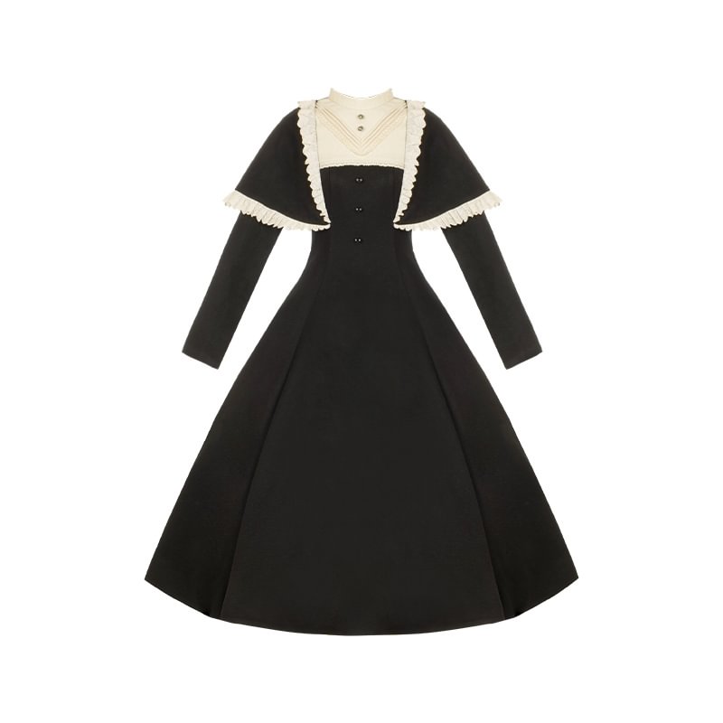 Gothic Nun Style Black Long-sleeved Dress Elegant Lolita Dress Autumn