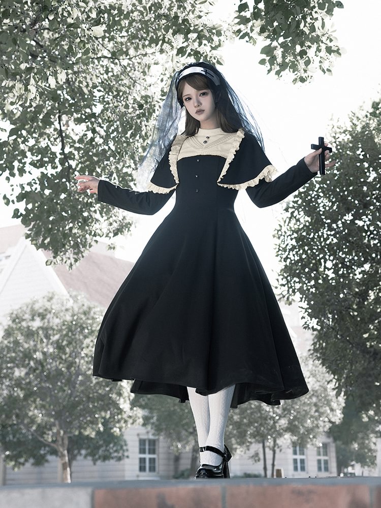 Gothic Nun Style Black Long-sleeved Dress Elegant Lolita Dress Autumn