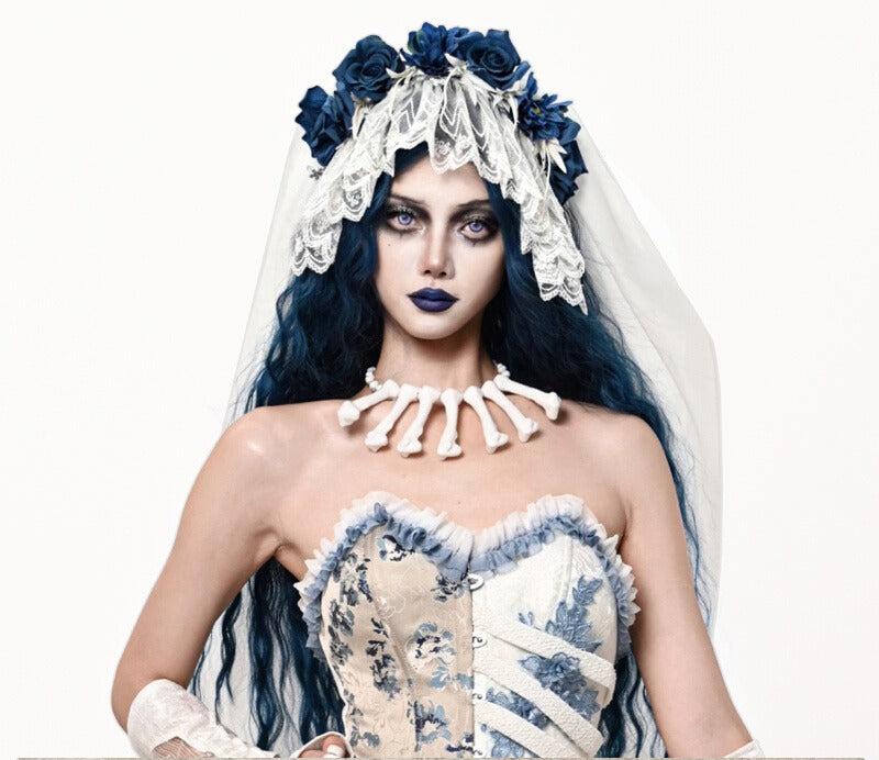 This veil is a masterpiece of subculture storytelling, blending macabre romance with industrial punk aesthetics. Intricate lace forms a decaying, beautiful base, while stark, industrial-style elements clash with soft, tattered edges. The centerpiece is a bold arrangement of black roses, symbolizing love in eternity. Designed for the fearless individual, it transcends convention for photoshoots, alternative weddings, and Halloween, embodying a beauty that is both dark and profoundly romantic.