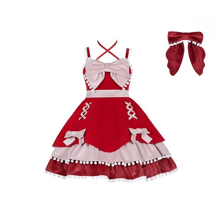Gothic Sweet Autumn and Winter Woolen Layer Dress with A Bow Jsk