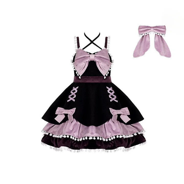 Gothic Sweet Autumn and Winter Woolen Layer Dress with A Bow Jsk