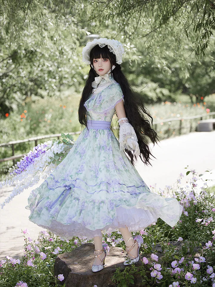 Green Purple Elegant Chiffon Dress Short Sleeve Pastoral Sweet Lolita Dress