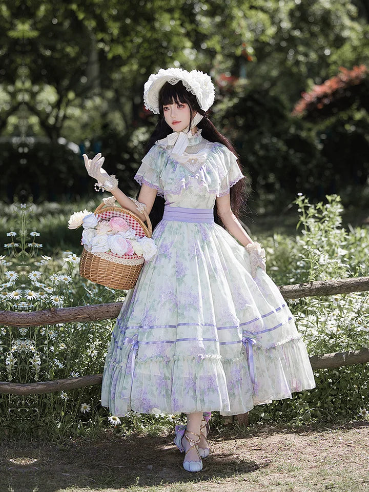 Green Purple Elegant Chiffon Dress Short Sleeve Pastoral Sweet Lolita Dress