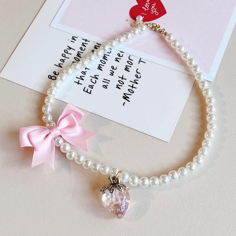 Handmade Cherry Bow Bead String Necklace Clavicle Chain Sweet Japanese Korean Japanese White Red Christmas