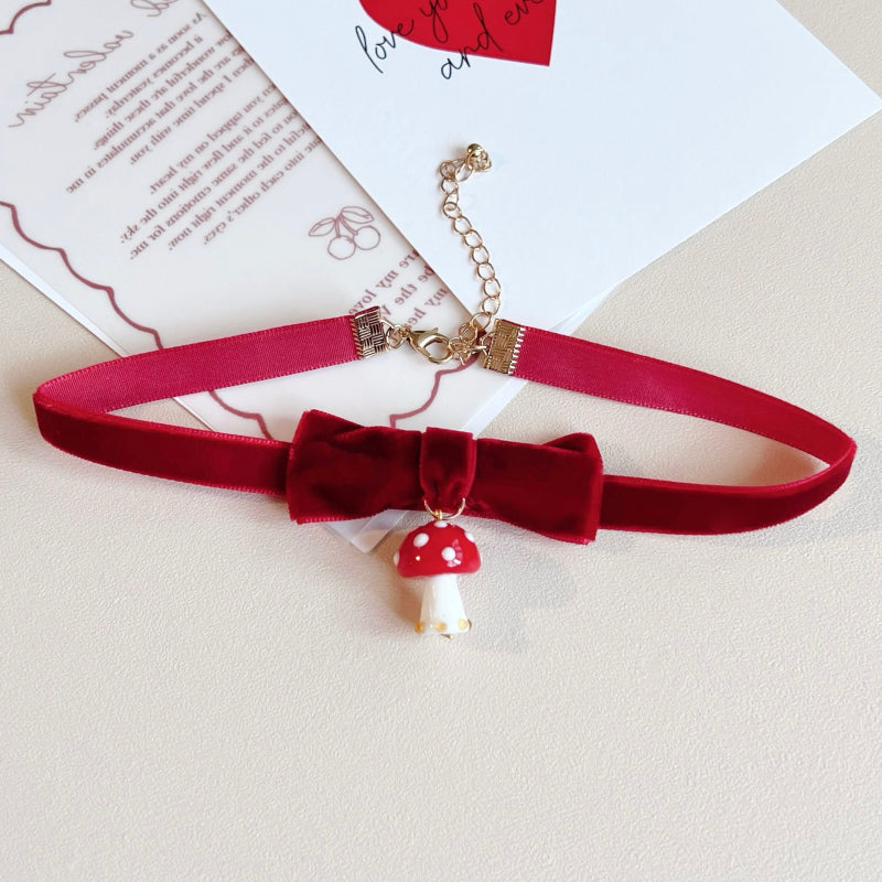 Handmade Cherry Bow Bead String Necklace Clavicle Chain Sweet Japanese Korean Japanese White Red Christmas