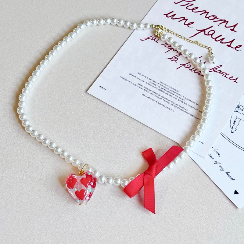 Handmade Cherry Bow Bead String Necklace Clavicle Chain Sweet Japanese Korean Japanese White Red Christmas