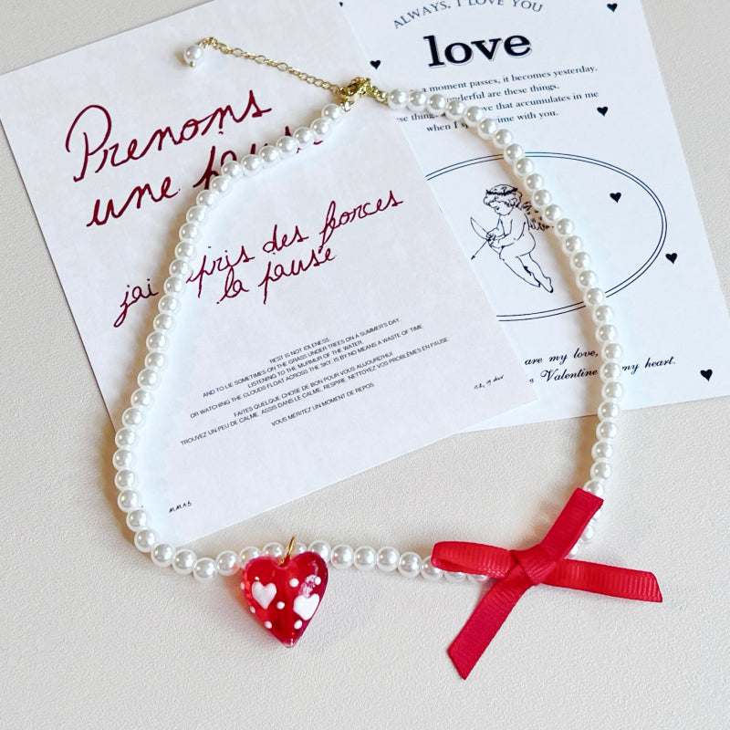 Handmade Cherry Bow Bead String Necklace Clavicle Chain Sweet Japanese Korean Japanese White Red Christmas