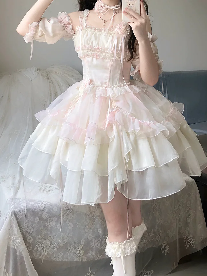 Hime Lolita Blue Pink Wedding Bridal Organza Outfit Elegant Camellia Princess Dress