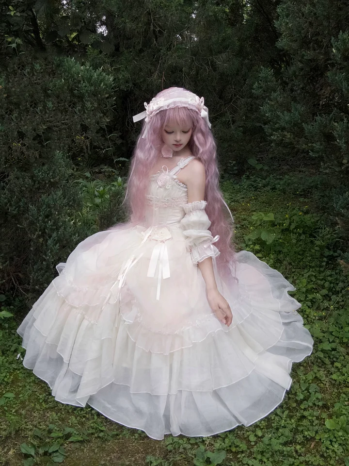 Hime Lolita Blue Pink Wedding Bridal Organza Outfit Elegant Camellia Princess Dress