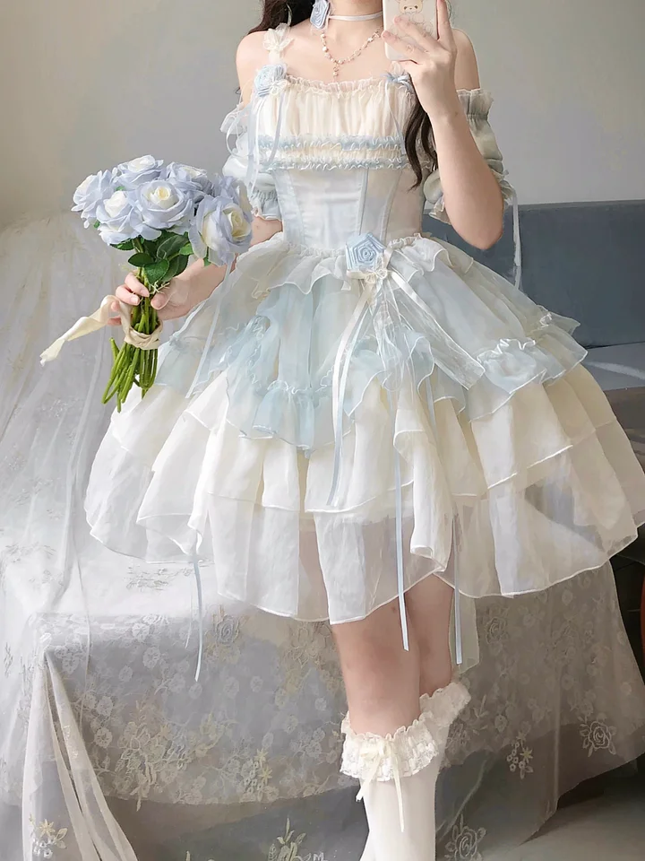 Hime Lolita Blue Pink Wedding Bridal Organza Outfit Elegant Camellia Princess Dress