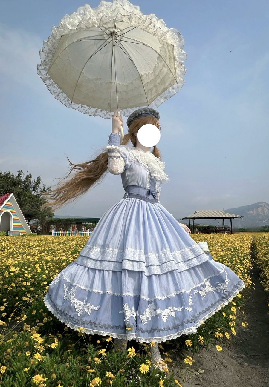 Hime Lolita Blue Short Sleeve Lace Neck Lolita Dress OP Daily Party Lolita Voyage