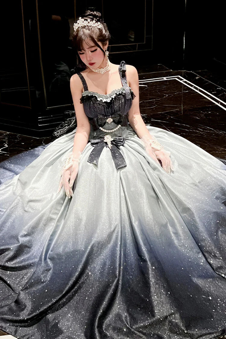 This gorgeous sleeveless JSK dress captures the essence of a serene summer sky with its delicate blue hue. The intricate floral print blossoms across the silhouette, while luxurious lace trim and cascading ruffles create dimension and movement. The elegant bow detail at the back adds a classic Lolita finishing touch. Designed for both sweet and classic coordinations, this piece brings dreamy elegance to any wardrobe. Perfect for tea parties and romantic gatherings, it celebrates timeless beauty and delicate